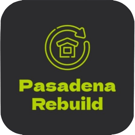 logo Logo with a circular arrow around a house icon above the text "Pasadena Rebuild" on a dark background.